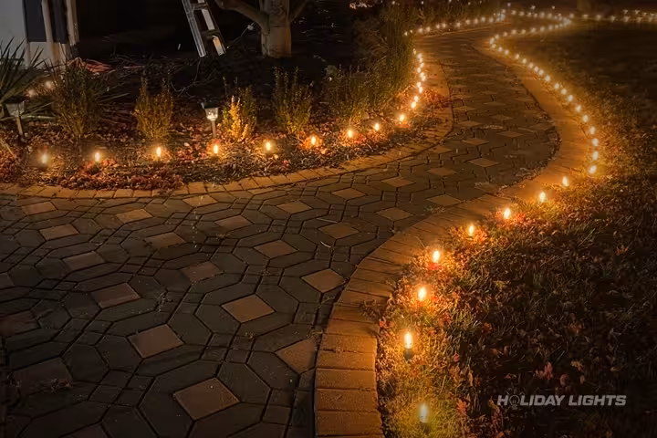 Warm white ground lights creating stunning pathway illumination for holiday displays